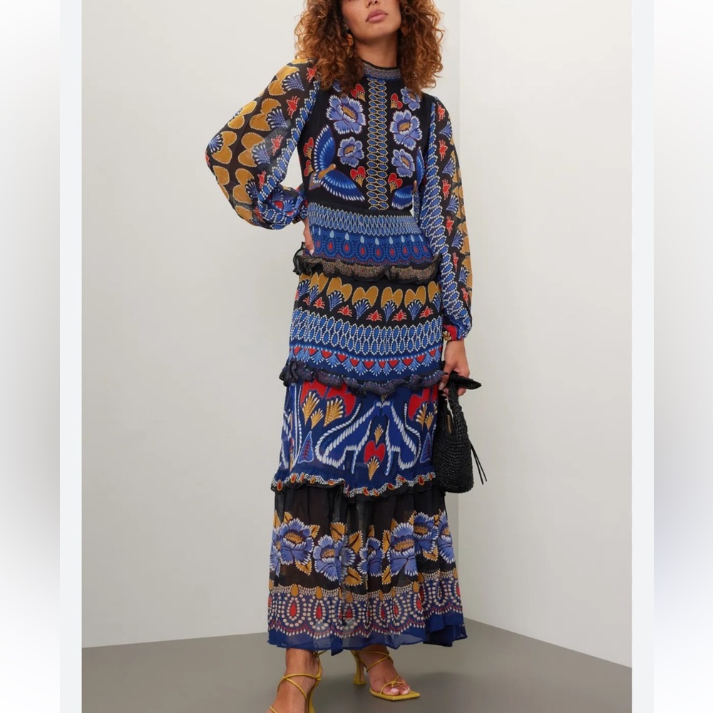 FARM Rio Blue Multi Floral Tiered Maxi Dress